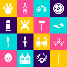 Set Medieval Spear, Cartridges, Hunting Horn, Binoculars, Bear Skin, Bullet, Paw Print And Road Traffic Sign Icon. Vector