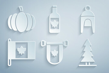 Poster - Set Pennant Canada, Winter hat, Flag of, Canadian spruce, Beer bottle and Pumpkin icon. Vector