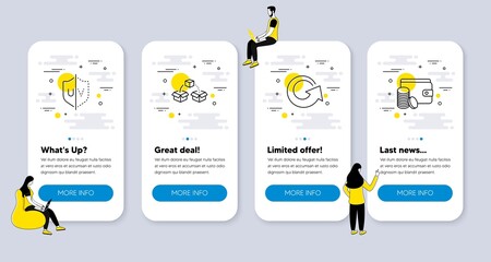 Vector Set of line icons related to Reload, Parcel shipping and Uv protection icons. UI phone app screens with people. Payment method line symbols. Update, Send box, Ultraviolet. Vector
