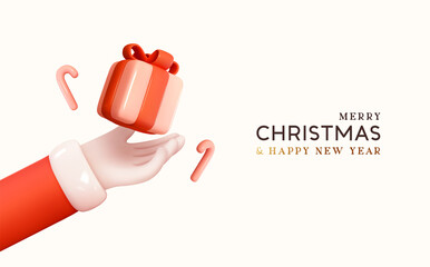 Wall Mural - merry christmas and happy new year. realistic 3d design, hand of santa claus in palm holding pink gi