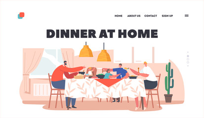 Dinner at Home Landing Page Template. Happy Family Characters Mother, Father and Kids at Table with Food, People Eating