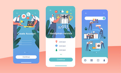 Create Account, Handyman Service Mobile App Page Onboard Screen Template. Characters Fixing Home Appliances, Using Tools