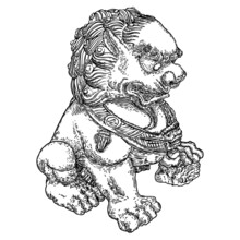 Imperial Guardian Lion, Foo Dog Or Fu Dog In Western Languages And English. Stylized Chinese Lion, Female With A Cub. Protect The Building From Harmful Spiritual Influences, Threat From People.
