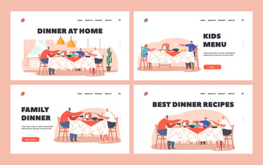 Sticker - Home Dinner Landing Page Template Set. Happy Family Characters Mother, Father and Kids at Table with Food. People Eating