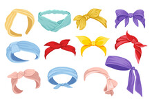 Set Of Woman Bandana, Hair Bands And Scarves. Colorful Retro Headband For Hairstyle. Isolated Hair Dressing Accessories