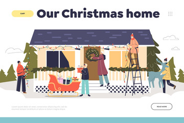 Wall Mural - Christmas home landing page with family decorating house with garland, wreath, reindeer and sleigh