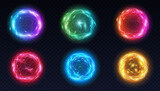 Fototapeta  - Energy balls and plasma sphere, electric lightning and light flash sparks. Magic lightning discharge