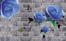 3d Wallpaper Blue Flowers On Gray Stone Background Decor For Home