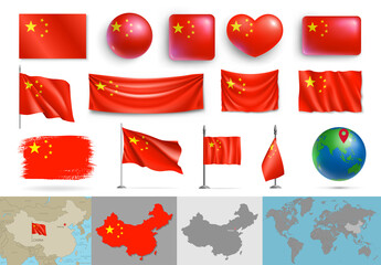 Wall Mural - set of china flags of various shapes and maps. realistic waving chinese flag on pole, table flag, gl