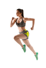 Sporty running woman on white background