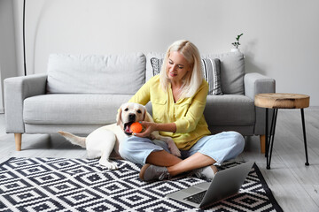 Poster - Mature woman with cute Labrador dog playing in living room