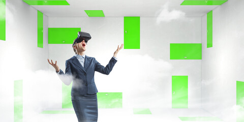 Poster - Woman wearing virtual reality goggles