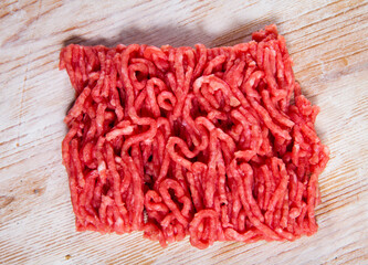 Wall Mural - Raw ground meat of pork and beef ready for cooking on wooden surface..