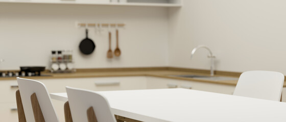 Copy space for montage product on modern white dining table in white minimalist kitchen room