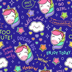 Wall Mural - Cute colorful unicorn and inspiration quotes seamless pattern background.