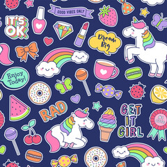 Poster - Cute unicorns , girl's elements and inspiration quotes seamless pattern background.