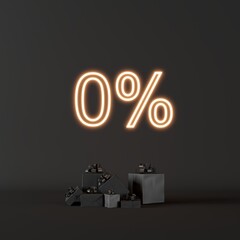 Poster - black gifts box set on dark background with text 0% bright glowing neon frame for copy space. 3d ren