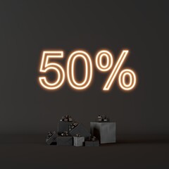 Poster - black gifts box set on dark background with text 50% bright glowing neon frame for copy space. 3d re