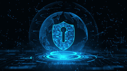 Aufkleber - Hud and shield Icon of cyber security, Technology digital global network concept blue color abstract background 3d rendering.