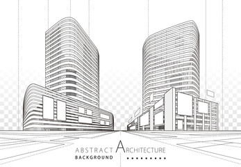 Aufkleber - 3D illustration linear drawing. Imagination architecture urban building design, architecture modern abstract background. 