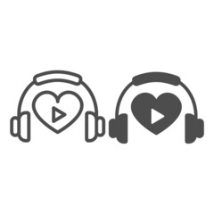 Poster - Headphones and heart with play button line and solid icon, dating concept, favourite music vector sign on white background, outline style icon for mobile concept and web design. Vector graphics.