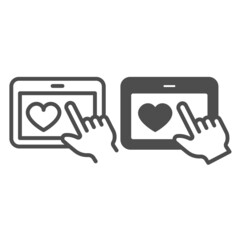 Poster - Tablet with heart and hand pointer line and solid icon, dating concept, datig app vector sign on white background, outline style icon for mobile concept and web design. Vector graphics.