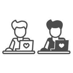 Poster - Guy with laptop and heart line and solid icon, dating concept, datig site vector sign on white background, outline style icon for mobile concept and web design. Vector graphics.