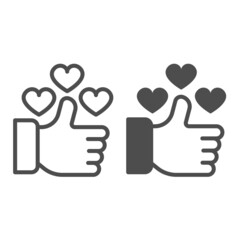 Fototapete - Thumbs up and hearts, like line and solid icon, dating concept, like hand and hearts vector sign on white background, outline style icon for mobile concept and web design. Vector graphics.