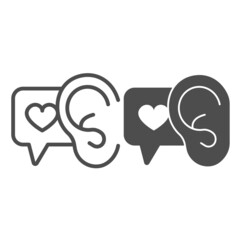 Poster - Ear, speech balloon with heart, compliment line and solid icon, dating concept, like to hear vector sign on white background, outline style icon for mobile concept and web design. Vector graphics.
