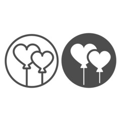 Fototapete - Two heart shaped balloons in circle line and solid icon, dating concept, hearts in the air vector sign on white background, outline style icon for mobile concept and web design. Vector graphics.