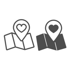 Poster - Map and location pin pointer with heart line and solid icon, dating concept, love navigation vector sign on white background, outline style icon for mobile concept and web design. Vector graphics.
