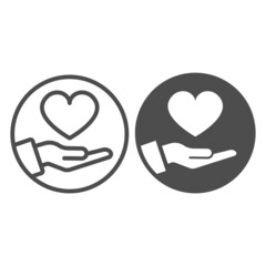 Poster - Palm hand with heart in circle line and solid icon, dating concept, gift of love vector sign on white background, outline style icon for mobile concept and web design. Vector graphics.