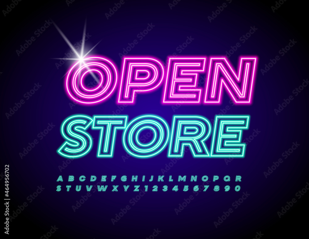 Vector Neon Signboard Open Store. Bright Electric Font. Glowing light ...