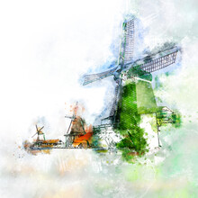 Watercolor Art  Of Windmills In The Hande Made Style  Holland, Europe. Zaanse Schans Is A Famous Dutch Village With Windmills,  Tourism.