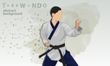 A Young Fighter Is Engaged In Martial Arts Taekwondo. A Man In A Kimono, He Has A Black Belt In Taekwondo