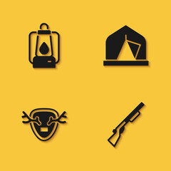 Wall Mural - Set Camping lantern, Hunting gun, Deer antlers on shield and Tourist tent icon with long shadow. Vector