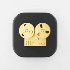 Poster - Golden bobbin tape recorder icon. 3d rendering black square button key, interface ui ux element.