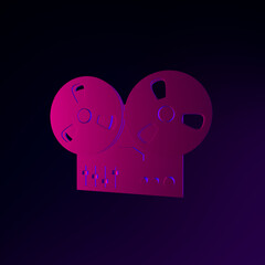 Poster - Neon bobbin tape recorder icon. 3d rendering ui ux interface element. Dark glowing symbol.