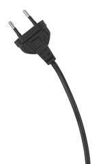 Electric European plug isolated on white background. Black power cable with plug. Power cord close-up