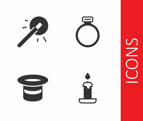 Canvas Print - Set Burning candle, Magic wand, hat and stone ring icon. Vector