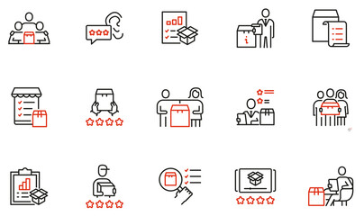 Vector set of linear icons related to Customer Review, Expert Opinion and User Report. Mono line pictograms and infographics design elements