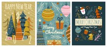 Merry Christmas And Happy New Year Greeting Cards Template. Vector Set Of Winter Holiday Illustrations In Vintage Style. Christmas Tree And Toys, Santa Claus. 2022 New Year Hand Drawn Poster