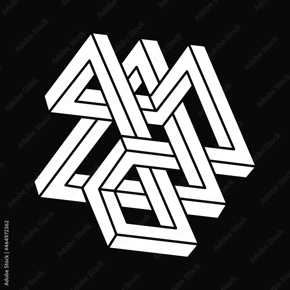 Impossible shapes, optical illusion, vector. Escher style. Optical art object. Geometric figures.