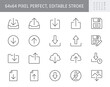 © Phoenix Icons - Download line icons. Vector illustration include icon - upload, cloud storage, folder, arrow, document, diskette, floppy disk outline pictogram for web button. 64x64 Pixel Perfect, Editable Stroke