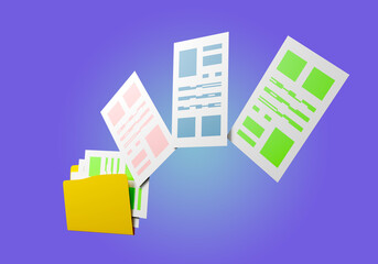 Poster - Folder with documents. Yellow folder with papers. Concept is organization of information and data. Metaphor of bureaucracy and paperwork. Document folder on purple background. 3d image.