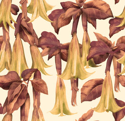  Datura painted with watercolors. Seamless floral pattern