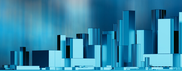 Poster - City landscape. Metropolis with turquoise glow. Panoramic background with skyscrapers. Skyline of metropolis. Downtown background. Wallpaper with abstract cities. Panoramic view of downtown. 3d image