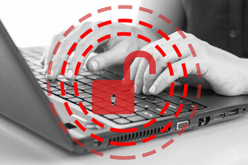 Poster - Woman's hands on keyboard. Open lock symbolizes removal of protection. Concept woman enters password in laptop. She opens up protection. Open padlock icon in foreground. Protection software