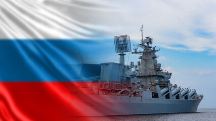 Wall Mural - Russian Navy. Warship against background of Russian flag. Protection of maritime borders of state. Armed forces on water. Military ship of Russian Federation. Russia military cruiser