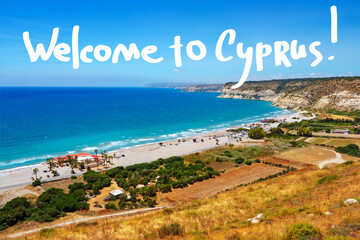 Canvas Print - Welcome to Cyprus banner. Kourion Beach of limassol city. Kourion Beach from a bird's eye view. Blue sea at Cyprus beach. Travel to Limassol city. Tourism in Cyprus. Cypriot vacation.